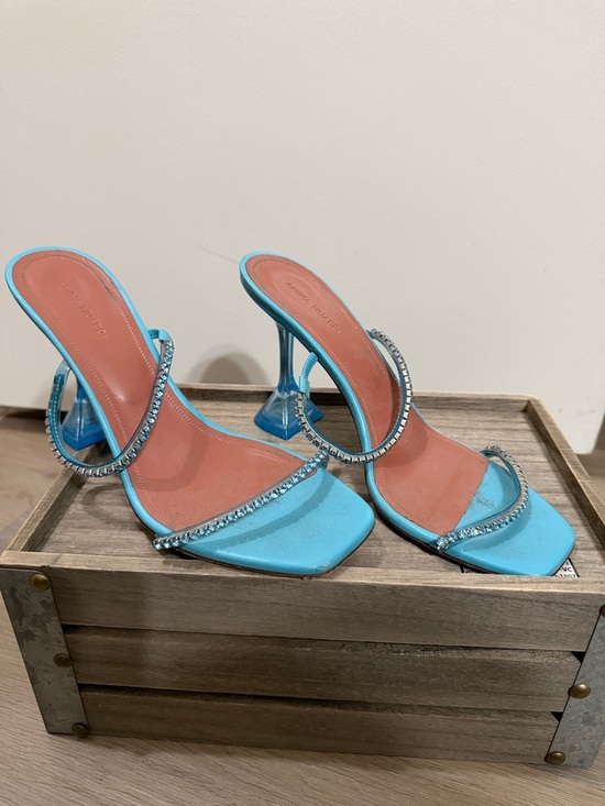 Amina Muaddi Shoes - Amina Muaddi Turquoise Crystal-Trim Heeled Sandals